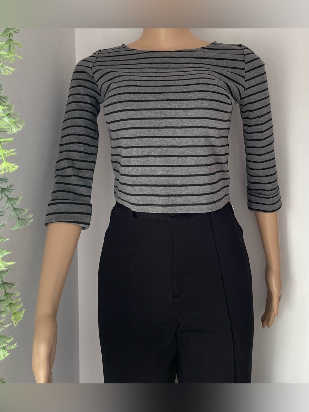 le chateau Gray and Black Striped Long Sleeve Top